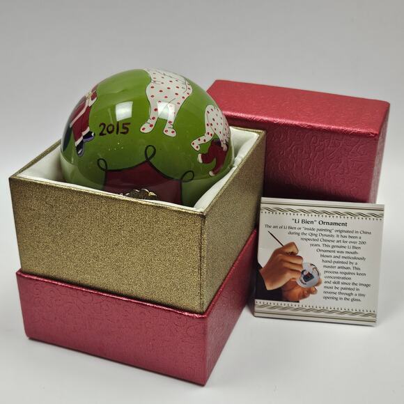 Pier One Li Bien reverse painted glass ornament Santa dressing green ball round - Picture 2 of 5